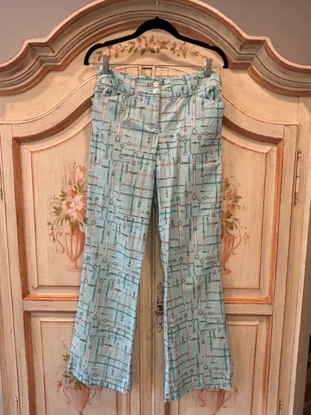 J. McLaughlin Aqua Colored Bit Print Trousers Size 0
